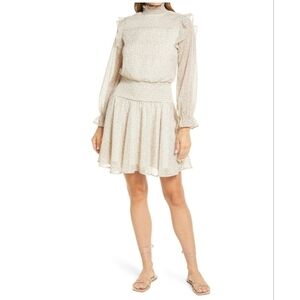 BTFL Life Womens Smocked Ruffled Long Sleeve Dress Layres Ruffle Gray Gold Sz M